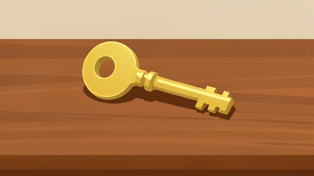 A large, heavy brass key resting on a polished wooden desk surface.