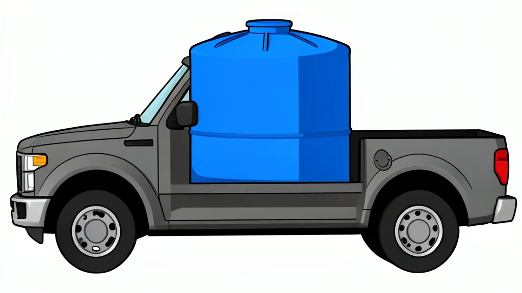 A large blue cylindrical water tank resting in the open bed of a white pickup truck on a dusty rural road.