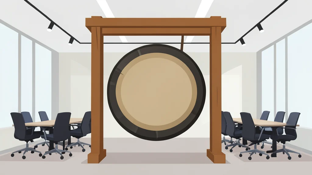 A large ceremonial gong hanging from a wooden frame in a modern conference hall