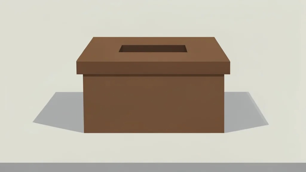 A wooden ballot box with a slot on top, sitting on a plain table