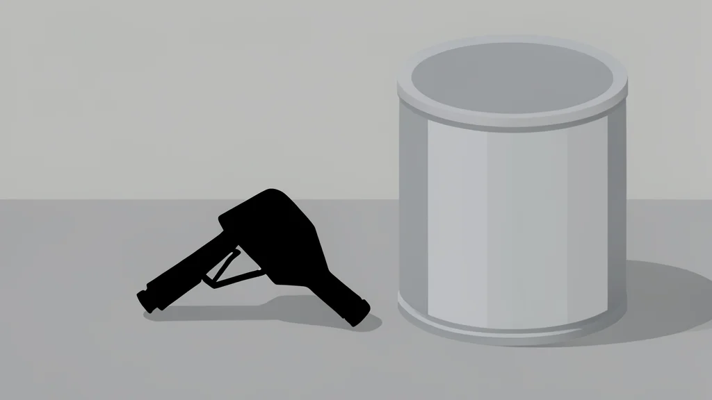 A flat vector illustration of a gas pump nozzle resting on a concrete surface next to a cylindrical fuel tank.