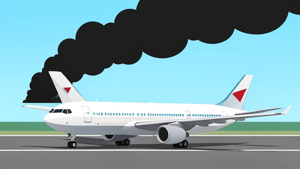 A large commercial airplane parked on a tarmac with a plume of black smoke rising in the background