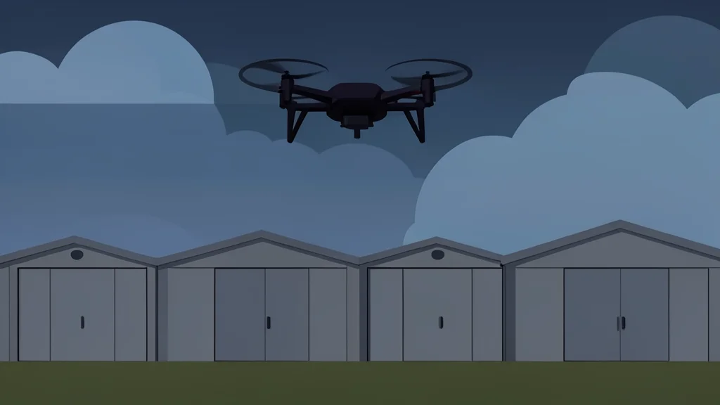 A dark, unlit quadcopter drone hovering silently above a row of grey, industrial military hangars under a cloudy night sky.
