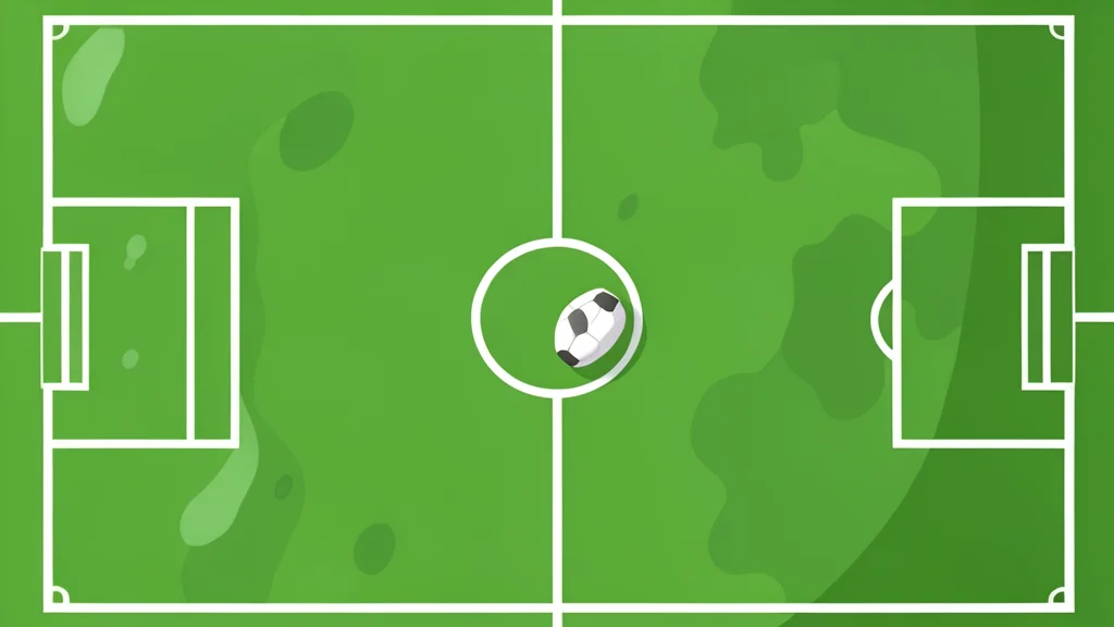 A wet green football pitch with white boundary lines and a single ball resting near the center circle
