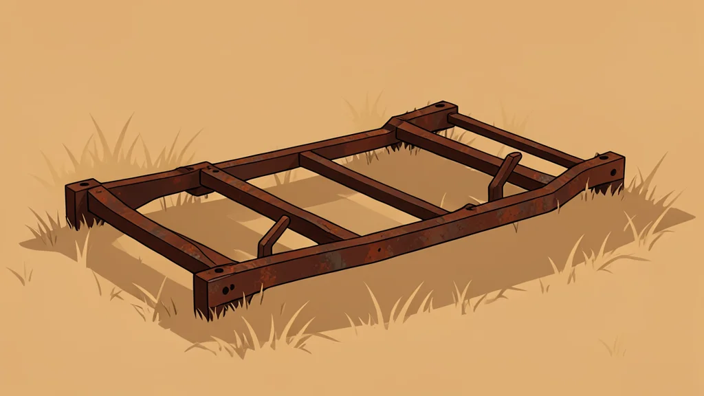 A rusted, twisted metal frame of a vehicle chassis lying in a field of dry grass