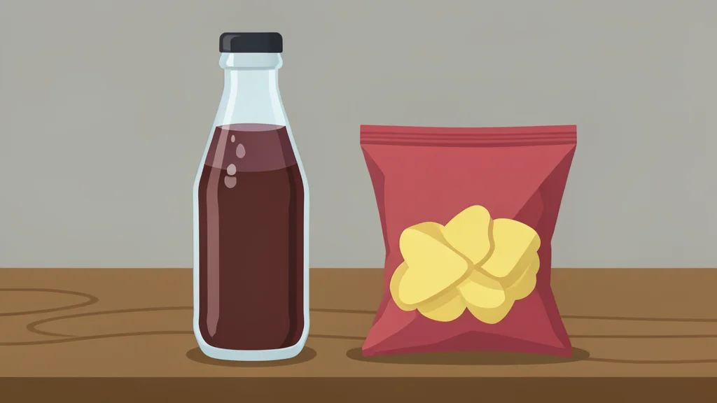 A glass bottle of carbonated beverage and a bag of potato chips sitting on a wooden table