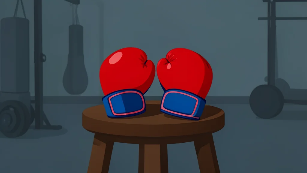 A pair of red and blue boxing gloves resting on a leather stool in a dimly lit gym