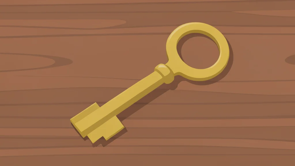 A large, heavy brass key resting on a polished wooden desk surface.