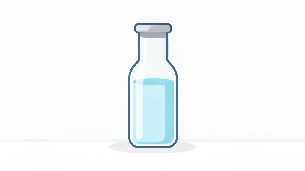 A glass vial containing a clear liquid standing on a white laboratory bench