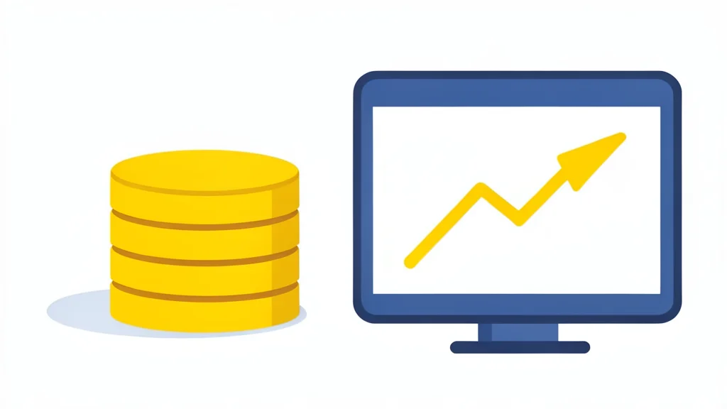 A flat vector illustration of a stack of gold coins beside a rising line graph on a digital display.