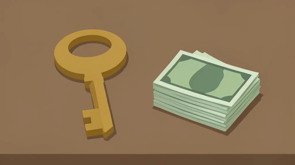 A large, heavy brass key resting on a wooden desk next to a stack of paper currency