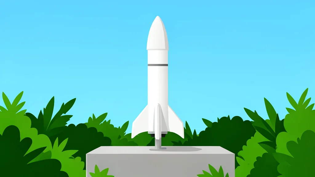 A white rocket standing vertically on a concrete launch pad surrounded by green vegetation