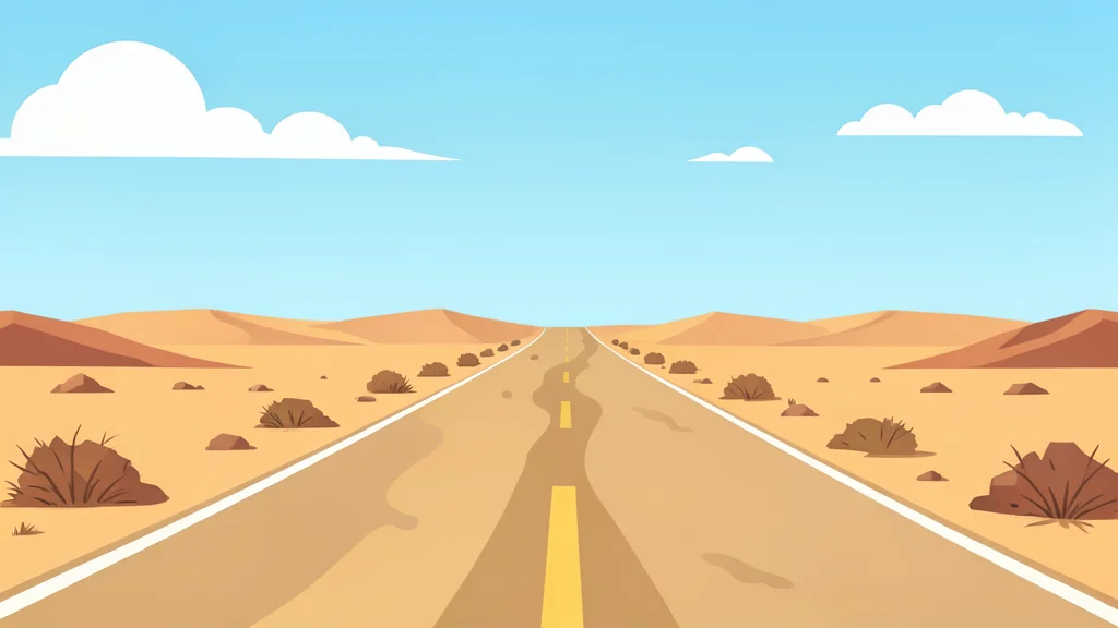 A dusty, sun-bleached road stretching across a dry, arid landscape under a bright sky