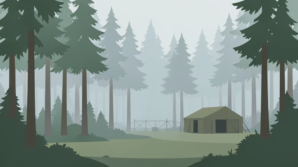 A dense, misty pine forest with a temporary military training camp structure visible in the background