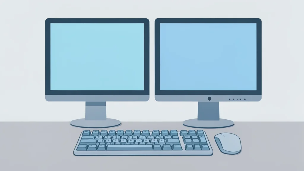 A dual-monitor computer setup with a minimalist desktop interface and a mechanical keyboard