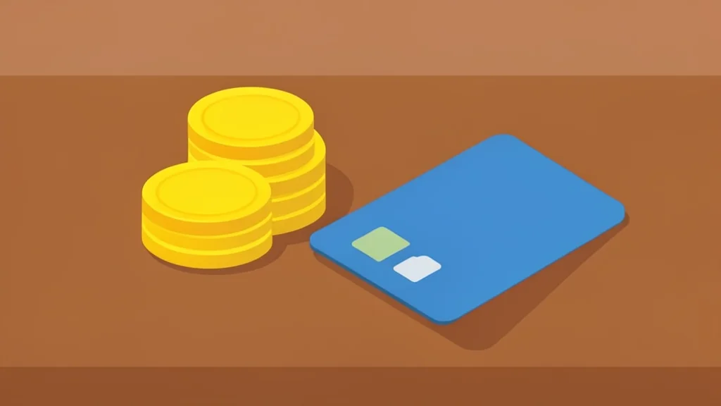 A stack of gold coins and a credit card resting on a wooden desk