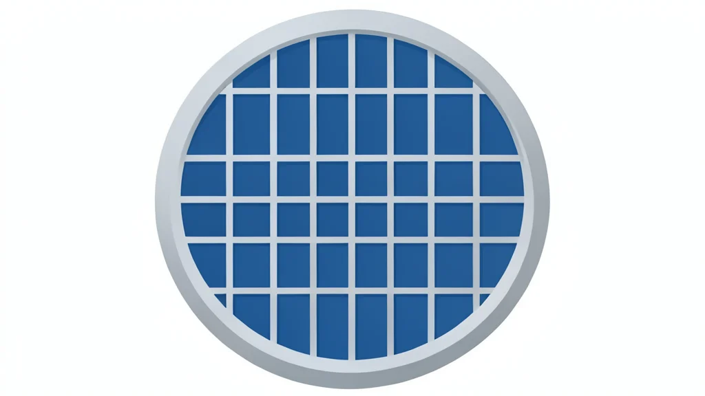 A close-up view of a silicon wafer with a grid of square integrated circuits