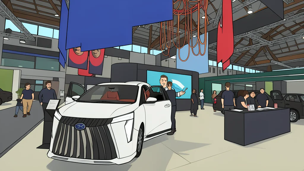 A row of modern electric vehicles parked on a paved exhibition floor under bright industrial lighting