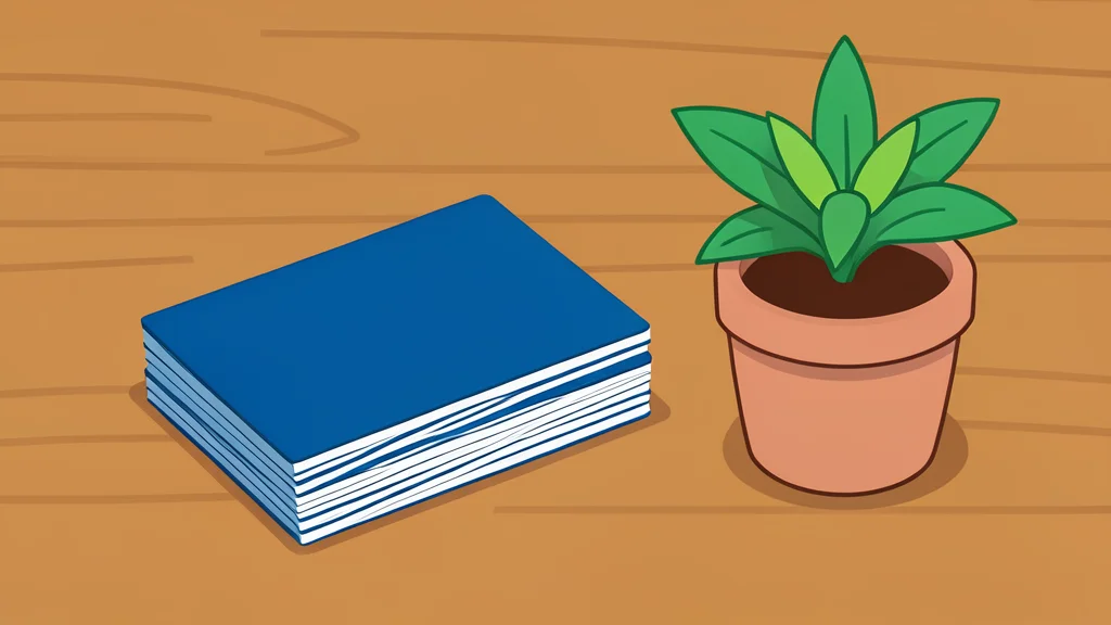 A stack of generic credit cards resting on a wooden table next to a small potted plant