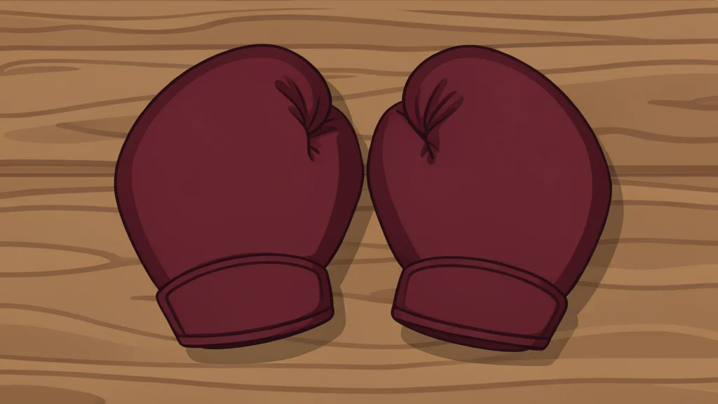A pair of heavy leather boxing gloves resting on a weathered wooden table