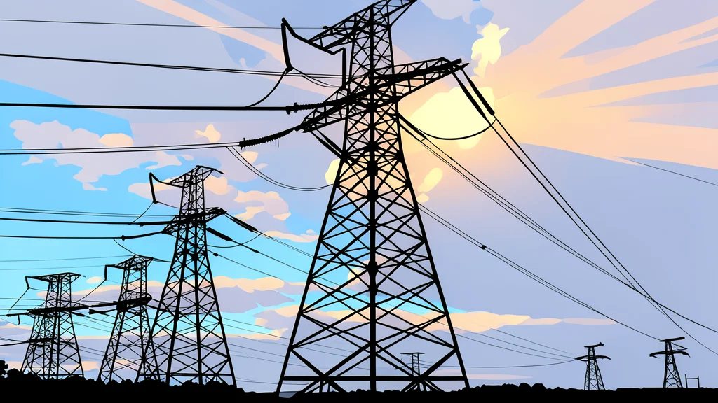 A high-voltage electricity transmission tower standing in a field