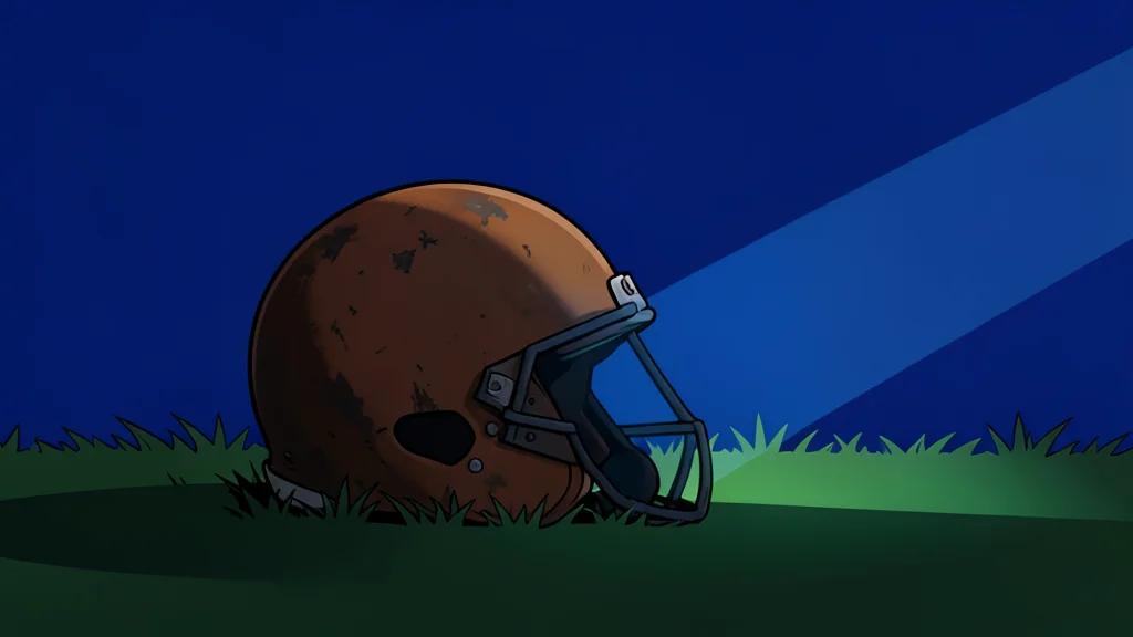 A single football helmet resting on lush green grass under a soft, evening sky.
