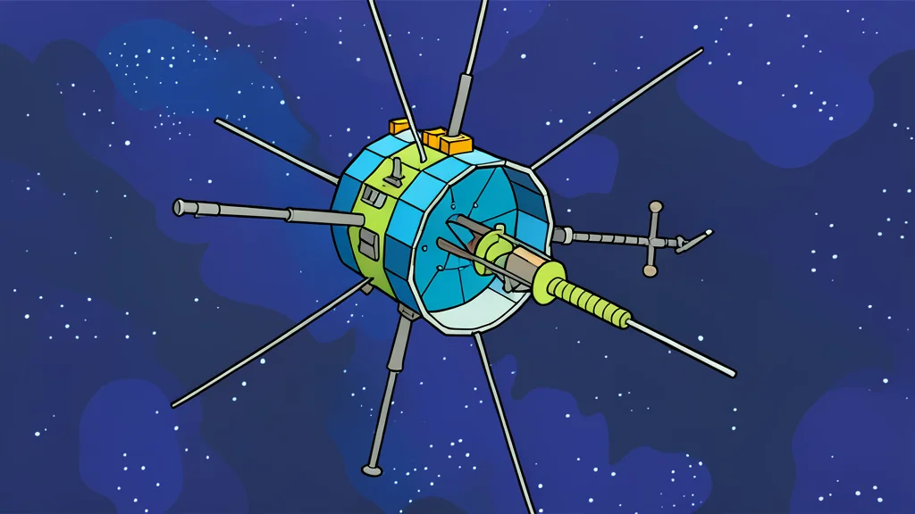 A small boxy satellite with solar panels floating near a large radio telescope dish in space