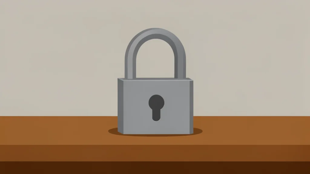A heavy iron padlock resting on a wooden desk
