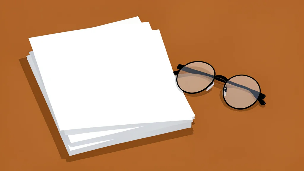 A stack of printed paper documents resting on a wooden desk next to a pair of reading glasses