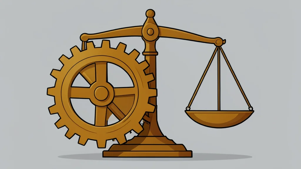 A large brass gear mechanism interlocking with a balance scale