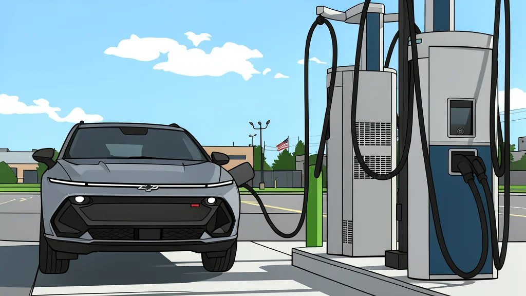 A modern electric vehicle charging station with a cable plugged into a car port, set against a blurred urban street background.