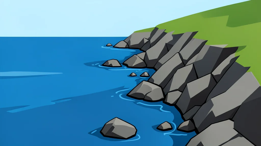 A rocky coastline meeting the sea near a narrow strait