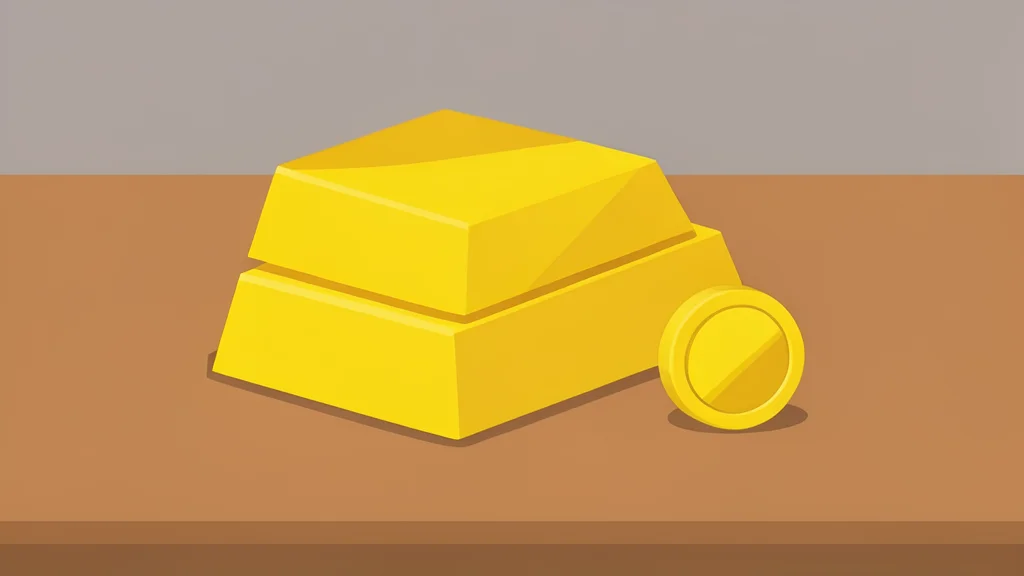 A stack of physical gold bars and a single shiny coin resting on a wooden desk