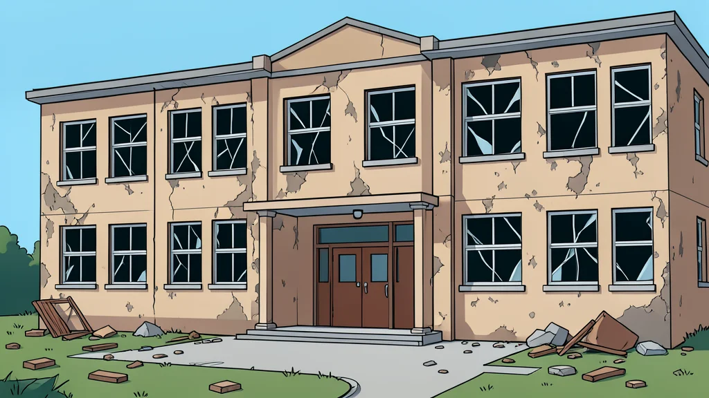 A weathered school building with broken windows and scattered debris on the ground