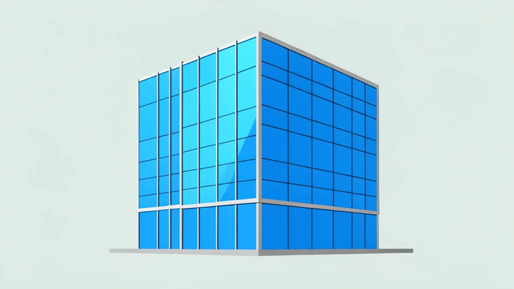 A modern glass office building with a minimalist facade reflecting a clear sky