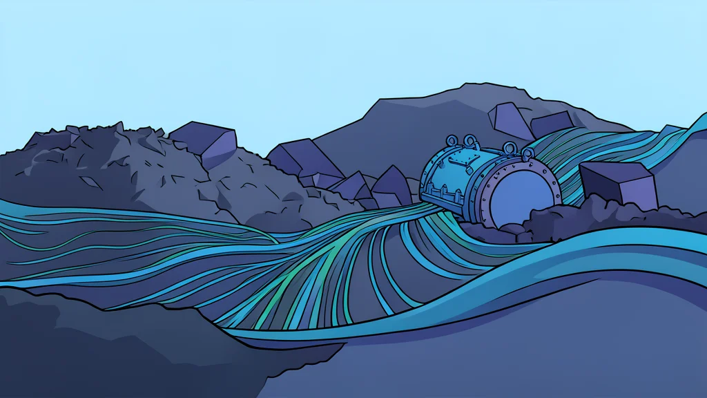 A dark, deep-sea landscape featuring a thick, coiled cable resting on the sandy ocean floor, illuminated by a faint, artificial blue light.