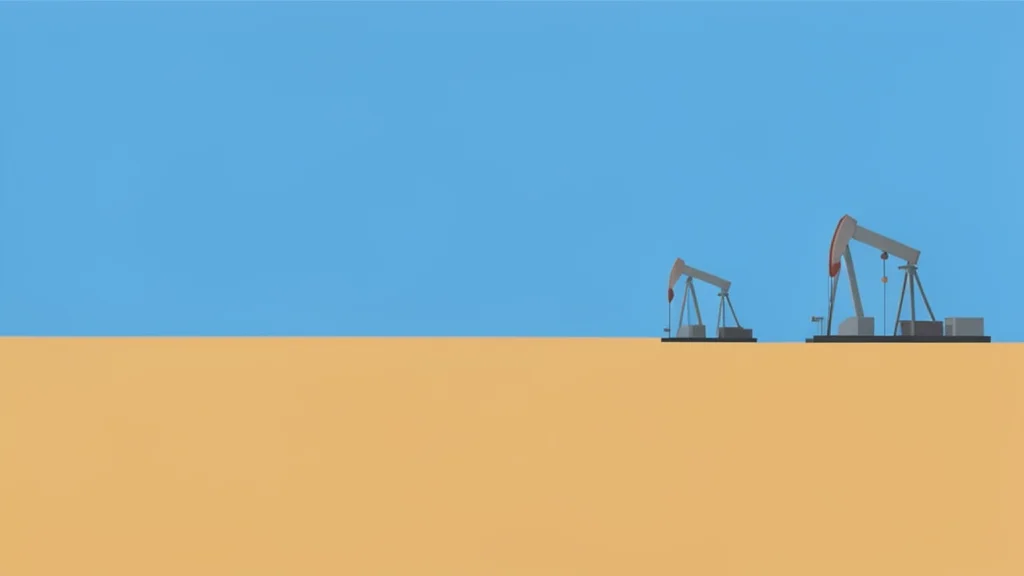 A vast, flat desert landscape under a clear sky with distant oil pumpjacks moving rhythmically in the background