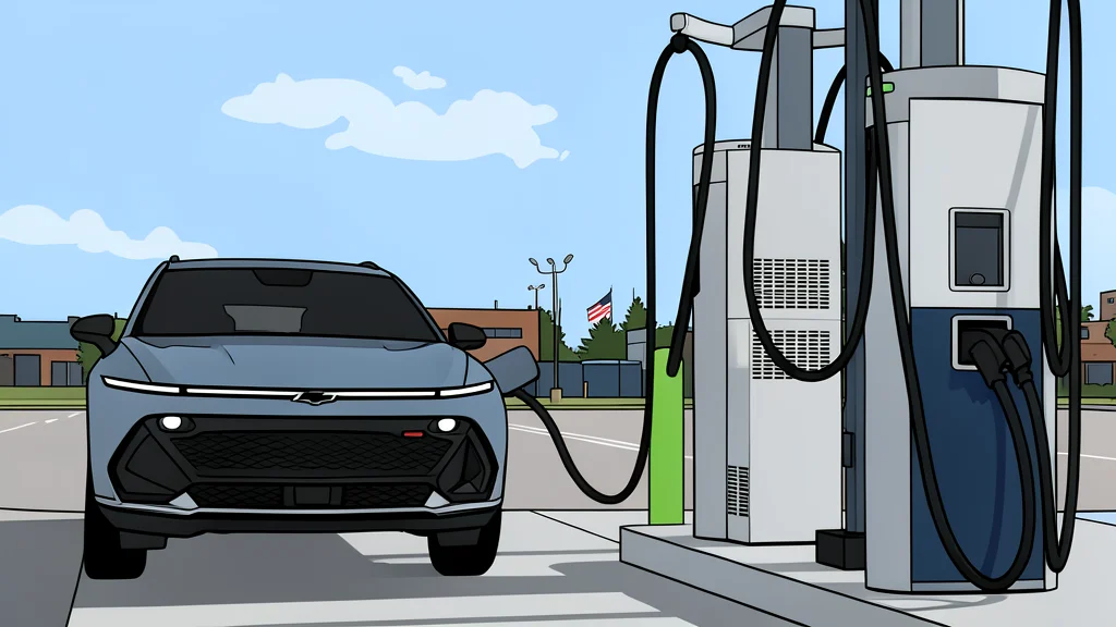 A modern electric vehicle charging station with a cable plugged into a car port, set against a blurred urban street background.