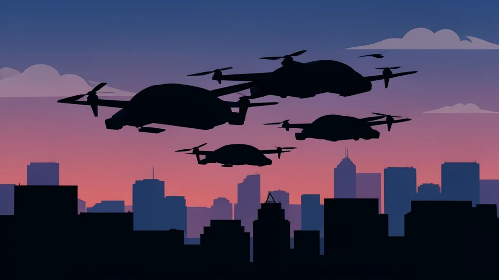 A cluster of dark, angular drone silhouettes hovering over a city skyline at dusk