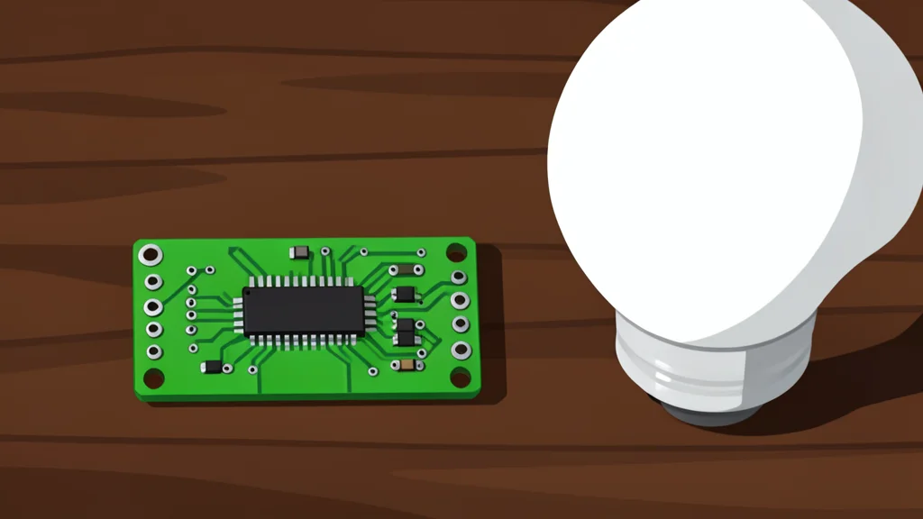 A small, single-board computer with a green circuit board and metal ports sitting on a wooden desk next to a white smart light bulb.