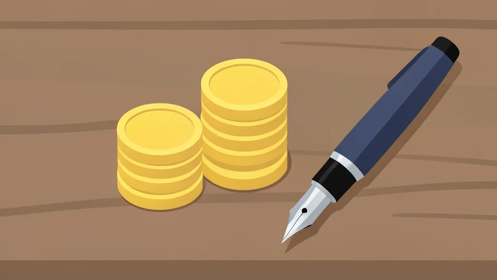 A stack of gold coins next to a fountain pen on a wooden desk