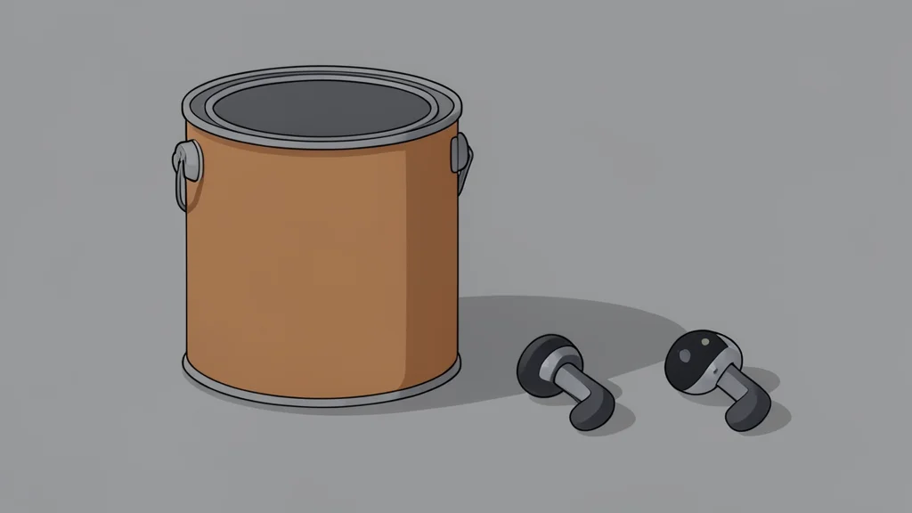 A wooden paint can and a pair of wireless earbuds resting on a concrete surface