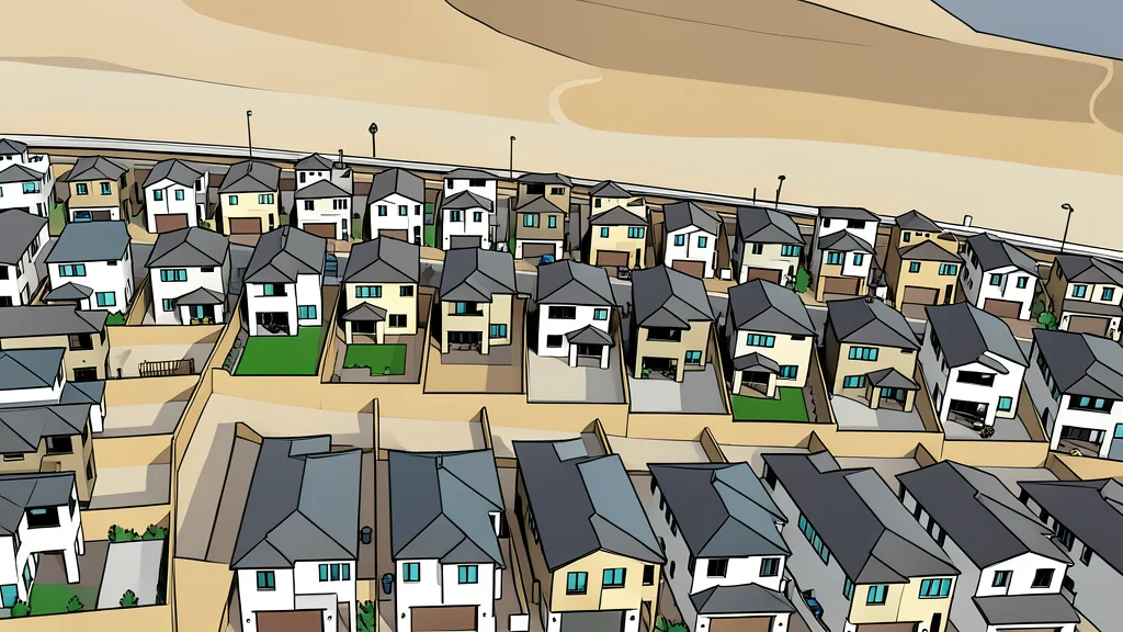 A row of suburban houses with empty front yards and closed doors