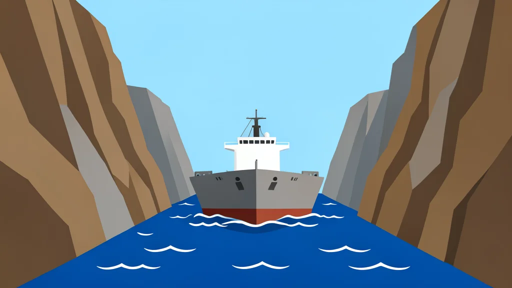 A large oil tanker ship moving through a narrow strait between rocky cliffs