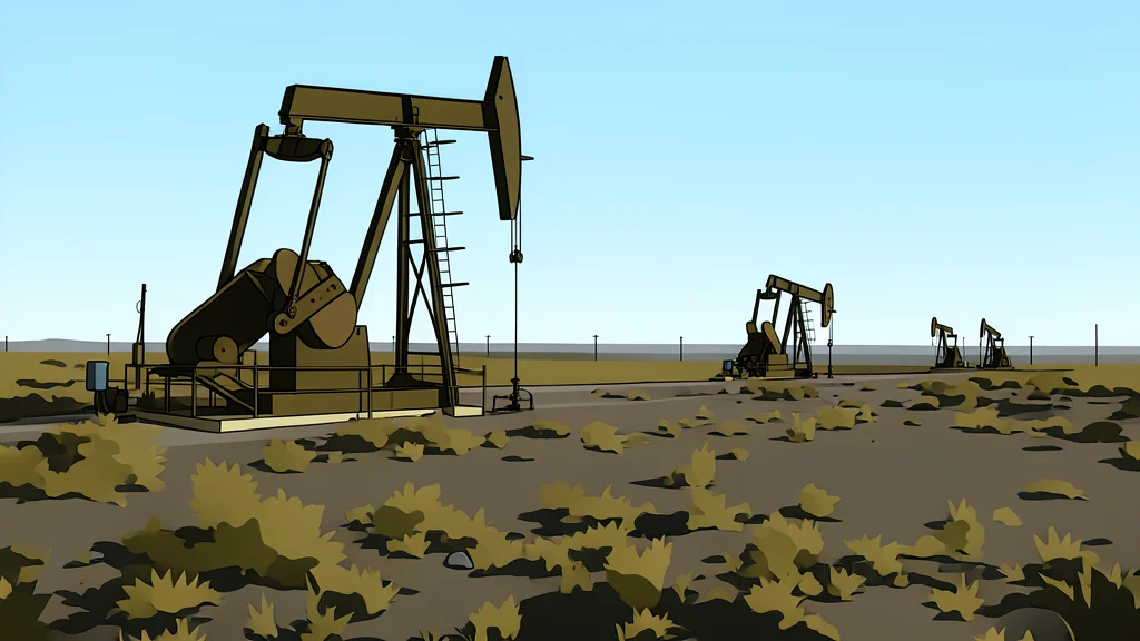 An industrial oil pumpjack silhouette against a twilight sky