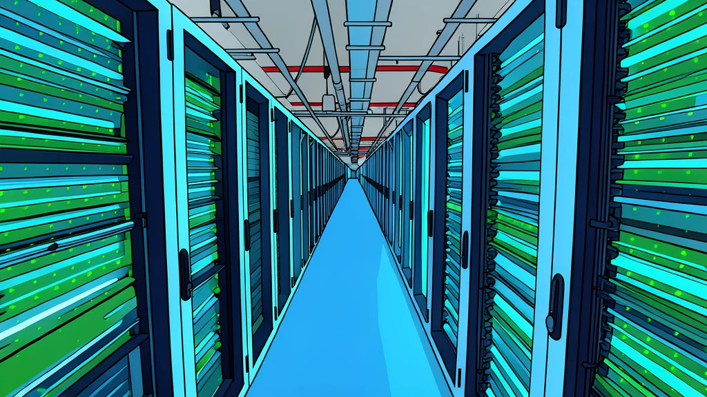 A vast, dimly lit server room with rows of tall, black metal cabinets and glowing blue status lights
