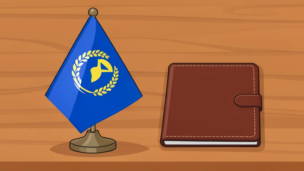 A diplomatic flag resting on a wooden table next to a closed leather folder