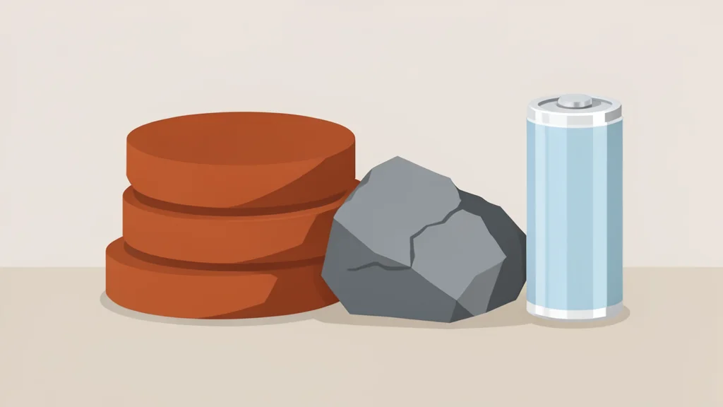 A pile of raw copper ingots next to a uranium ore sample and a lithium battery cell
