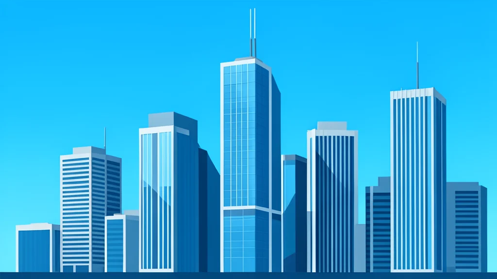 A modern financial district skyline with glass skyscrapers reflecting a clear blue sky