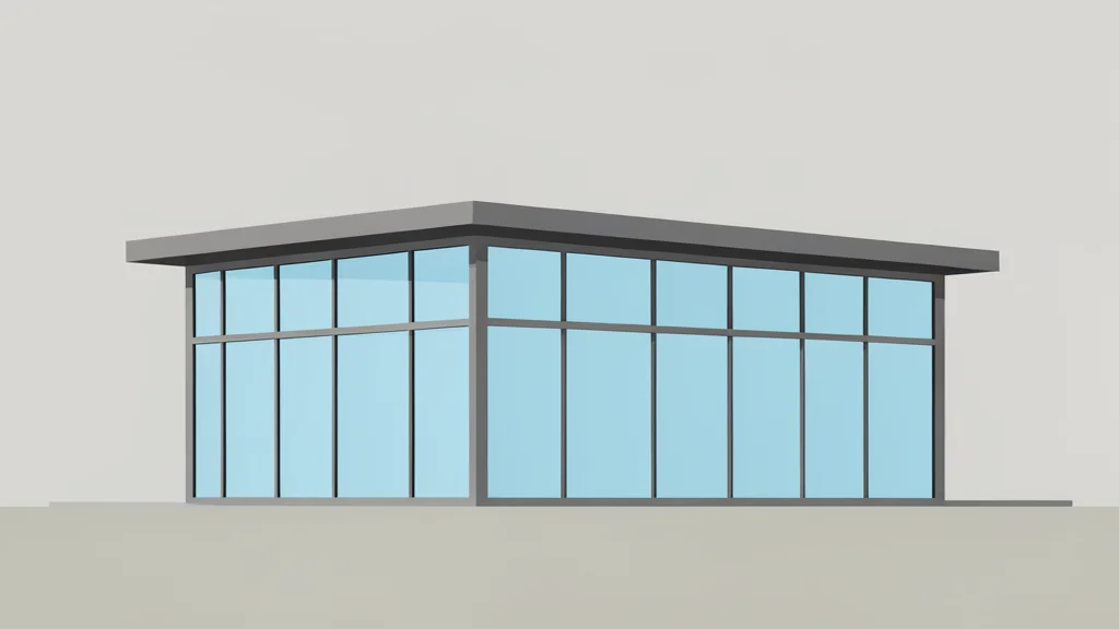 A modern commercial building exterior with large glass windows and a flat roof